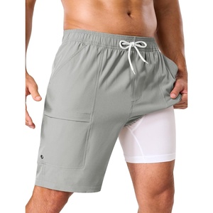 image:imageSILKWORLD Mens Swim Trunks with Compression Liner 9 Inch QuickDry Bathing Suit Beach Cargo Shorts with Zipper PocketsLight Grey