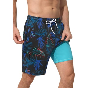 image:imageSILKWORLD Mens Swim Trunks with Compression Liner 9 Inch QuickDry Bathing Suit Beach Cargo Shorts with Zipper PocketsP01navy Blue Leaf