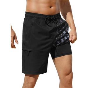 image:imageSILKWORLD Mens Swim Trunks with Compression Liner 9 Inch QuickDry Bathing Suit Beach Cargo Shorts with Zipper PocketsP02blackgrey American Flag