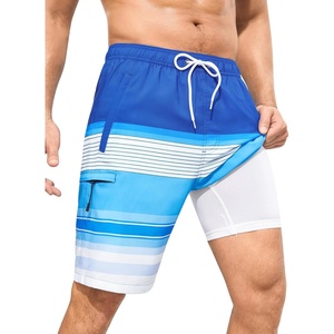 image:imageSILKWORLD Mens Swim Trunks with Compression Liner 9 Inch QuickDry Bathing Suit Beach Cargo Shorts with Zipper PocketsStripesbluewhite