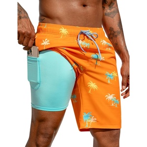 image:imageSILKWORLD Mens Swimming Trunks with Compression Liner 2 in 1 QuickDry 9 Swim Shorts with Zipper PocketsOrange Coconut Tree